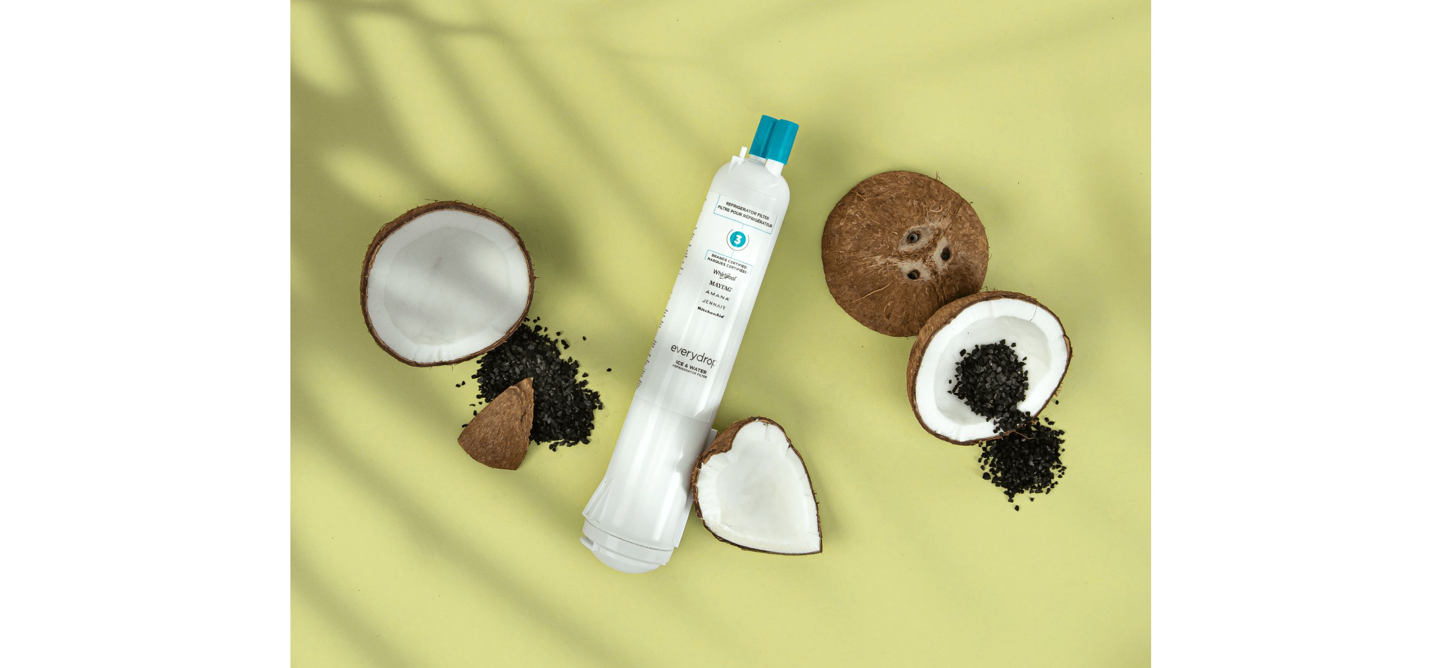 An everydrop® filter arranged among cut coconuts and piles of carbon.